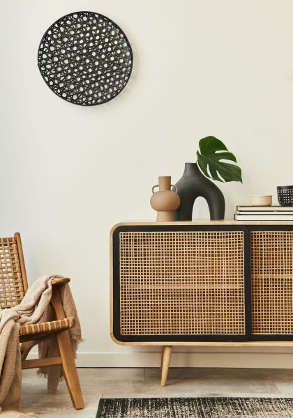 Stylish scandinavian living room interior of modern apartment with wooden commode, design armchair, carpet, leaf in vase, book and personal accessories in unique home decor. Template.